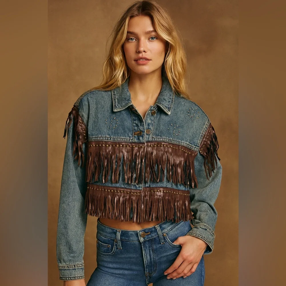 409. Denim Jacket with Brown Fringe - Picture 2 of 2